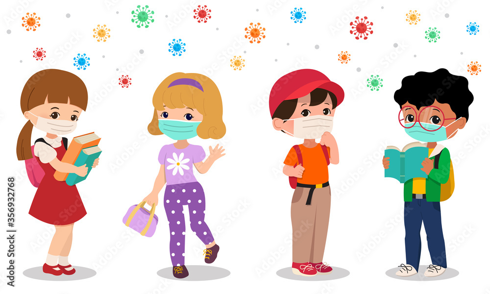 Back to school in the middle of corona virus pandemic situation. Boy and girl student wear facial mask to avoid virus contagion. Flat vector isolated on white background Back to school in the middle of corona virus pandemic situation. Boy and girl student wear facial mask to avoid virus contagion. Flat vector isolated on white background