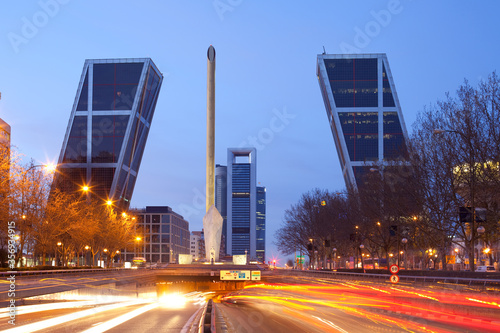 Skyline of modern buildings at Avenue Paseo de la Castellana, Madrid, Spain photo