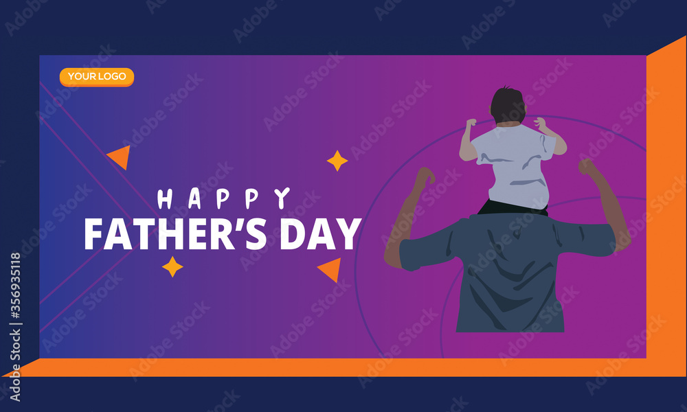 Vector colorful illustration of dad with son and hand drawn lettering - Happy Father Day. Typography design for postcard, banner, poster, Social Media post design