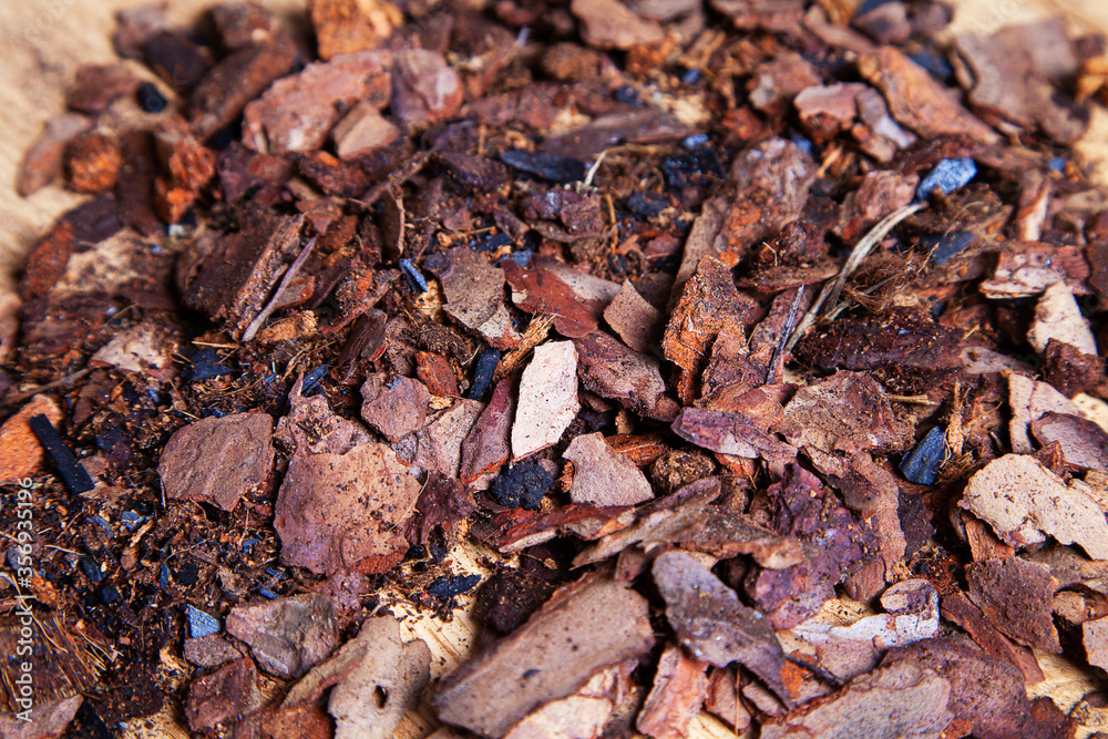 Dry pine bark for transplanting orchids of other plants. The substrate for orchids. Soil for mulching. Orchid transplant at home. Preparing for a houseplant transplant. Dry pine bark for transplanting orchids of other plants. The substrate for orchids. Soil for mulching. Orchid transplant at home. Preparing for a houseplant transplant.