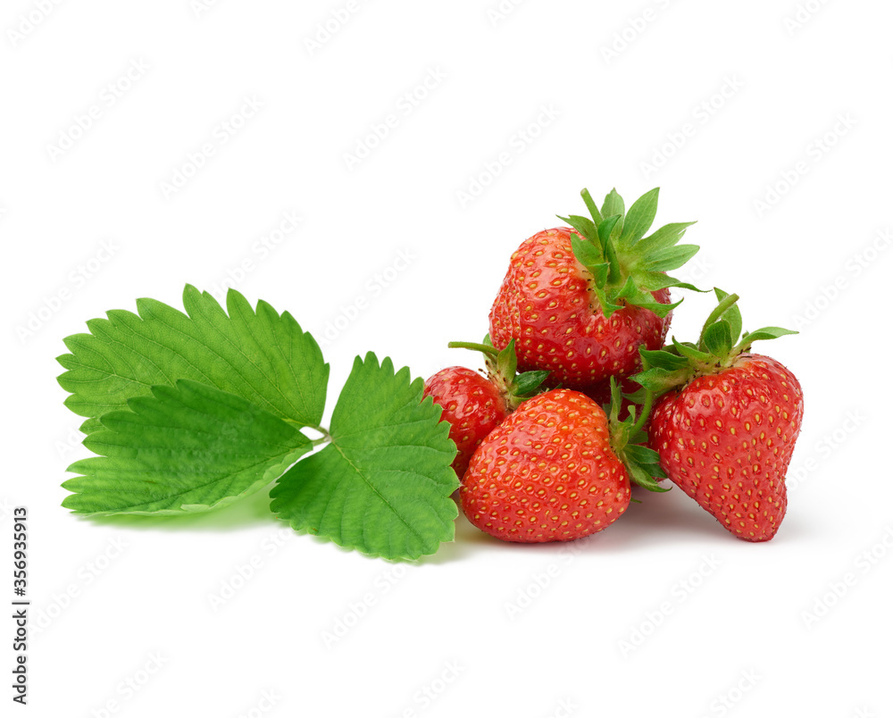 ripe red juicy strawberries and green leaf isolated on a white background ripe red juicy strawberries and green leaf isolated on a white background