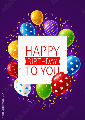 Photography Birthday greeting card with color balloons and confetti on purple background - f