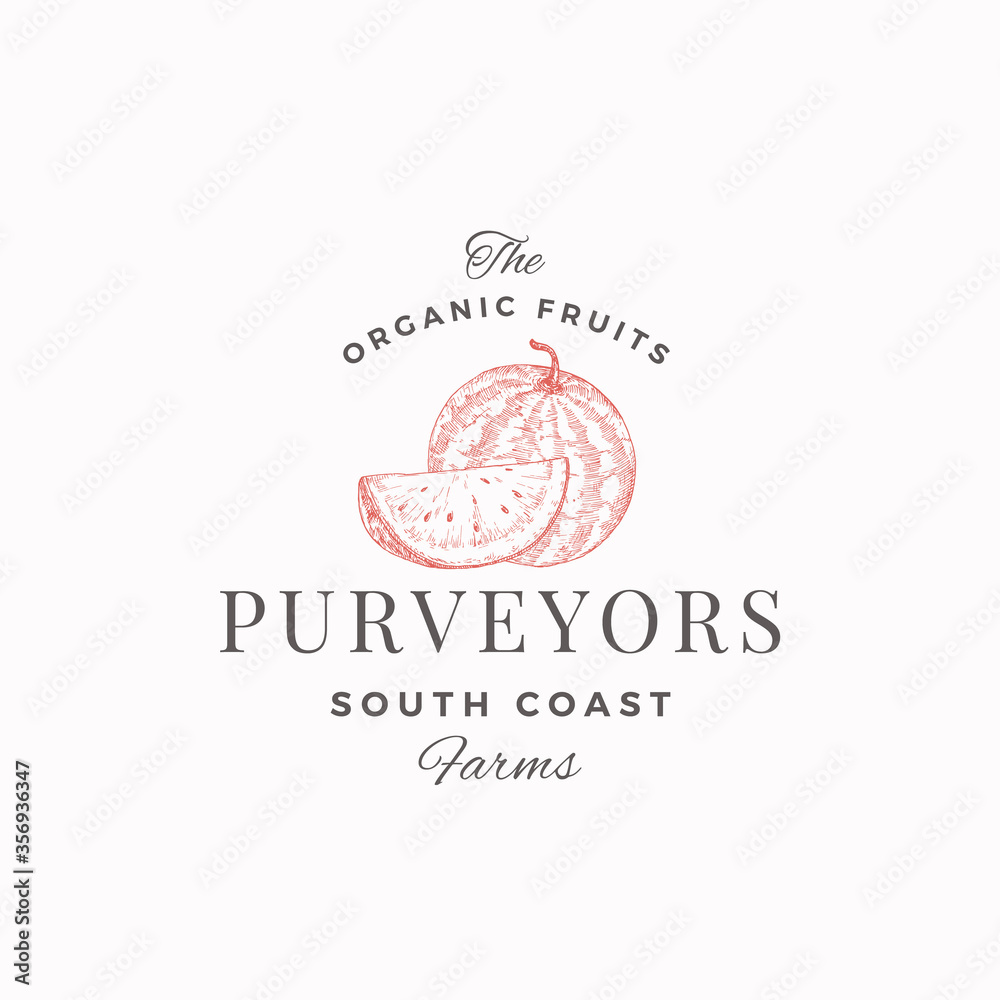 Watermelon South Farm Abstract Vector Sign, Symbol or Logo Template. Hand Drawn Sketch Fruit with a Slice and Premium Modern Typography. Luxury Food Emblem. Watermelon South Farm Abstract Vector Sign, Symbol or Logo Template. Hand Drawn Sketch Fruit with a Slice and Premium Modern Typography. Luxury Food Emblem.