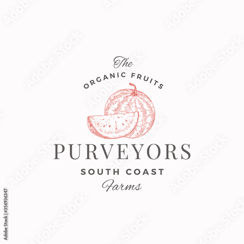 Watermelon South Farm Abstract Vector Sign  Symbol or Logo Template. Hand Drawn Sketch Fruit with a Slice and Premium Modern Typography. Luxury Food Emblem.