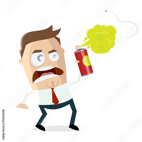 angry cartoon man chasing mosquito with bug spray