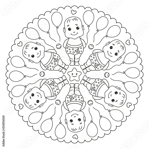 Coloring page mandala with infant toddler. 