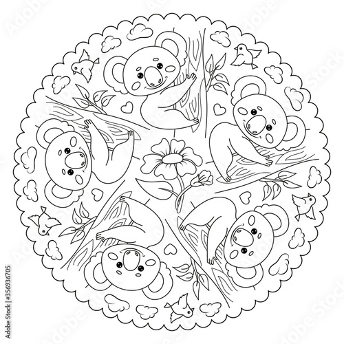 Canvas Print Coloring page mandala for kids with koala, flower, bird, heart, clouds