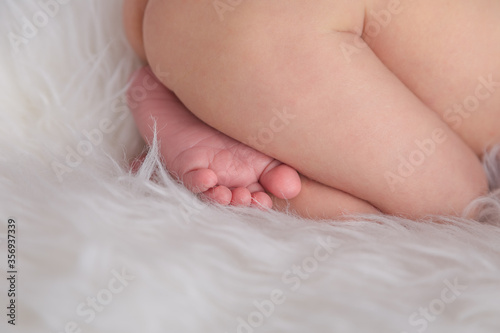 newborn baby close up legs and ass lying on white fur