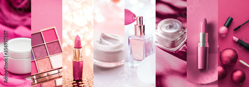 Pink beauty banner collage for luxury cosmetic, skincare and make-up brand, glamour background and holiday design ads photo