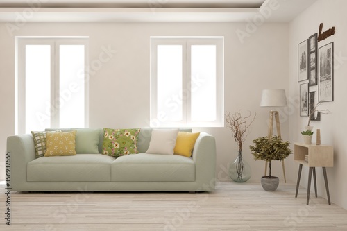 White living room with sofa. Scandinavian interior design. 3D illustration