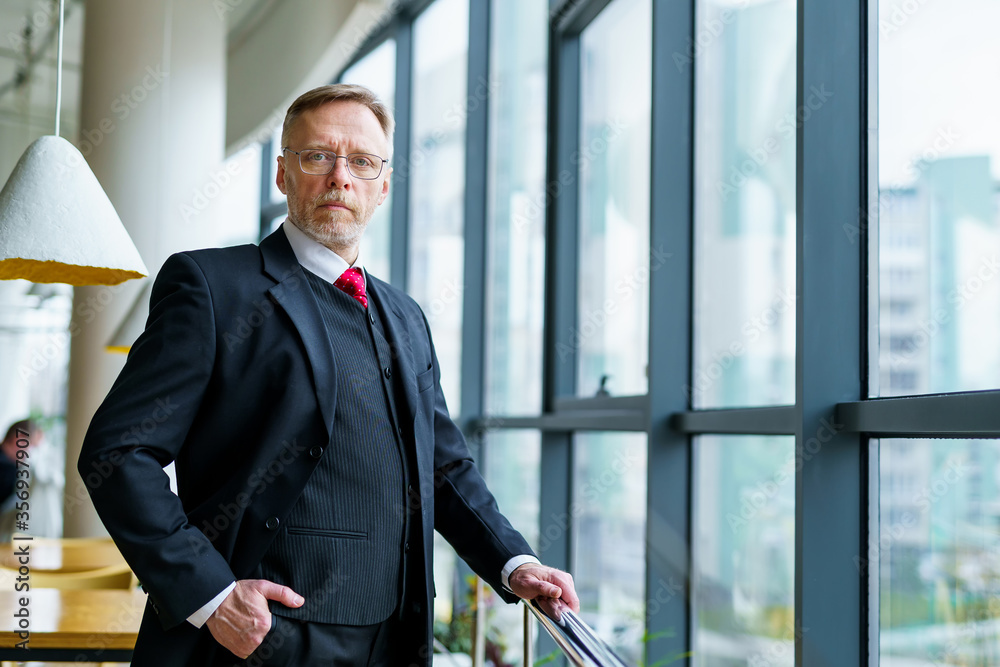 Senior businessman wears modern suir and white shirt. Big window with city view . Photo from the side. Senior businessman wears modern suir and white shirt. Big window with city view . Photo from the side.