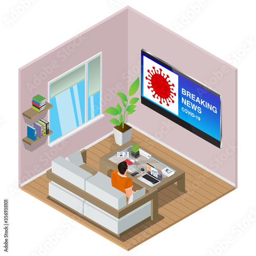 Analyst working at home. Person isolated at home office. Remote work of isometric illustration.