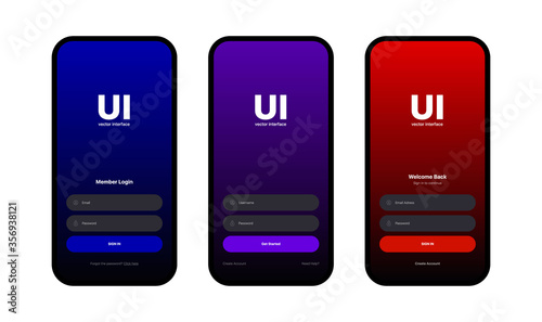 Login UI Interface Design Concept Set. Sign In Screen. Mobile App User Interface Design Concept. Login Sign In Screen Form Box UI Web Template With Username And Password Fields. Vector Illustration