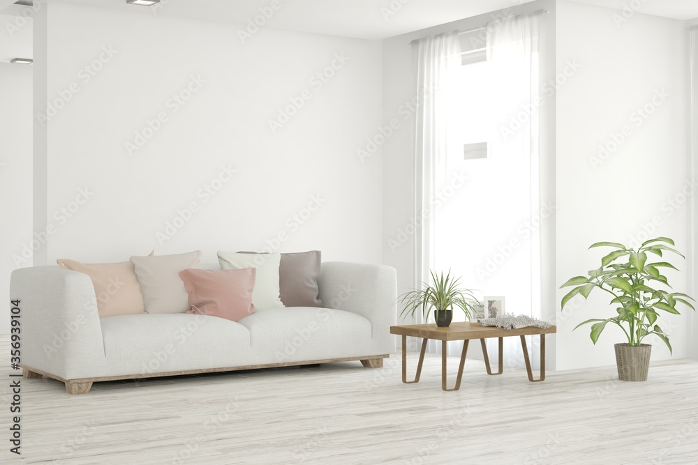 Fototapeta premium White living room with sofa. Scandinavian interior design. 3D illustration
