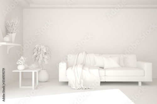 Fototapeta Naklejka Na Ścianę i Meble -  White minimalist living room with sofa. Scandinavian interior design. 3D illustration