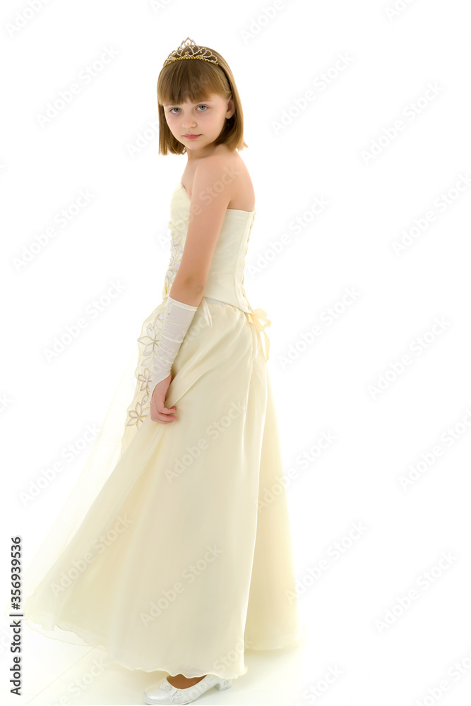 A little girl in a long, elegant dress of a princess. A little girl in a long, elegant dress of a princess.