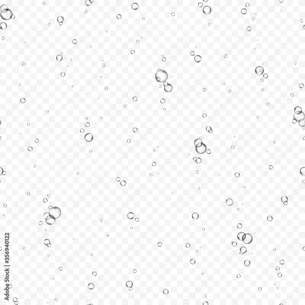 Bubbles underwater texture isolated on transparent background. Vector fizzy air, gas or oxygen under water seamless pattern. Realistic champagne drink, soda effect template.