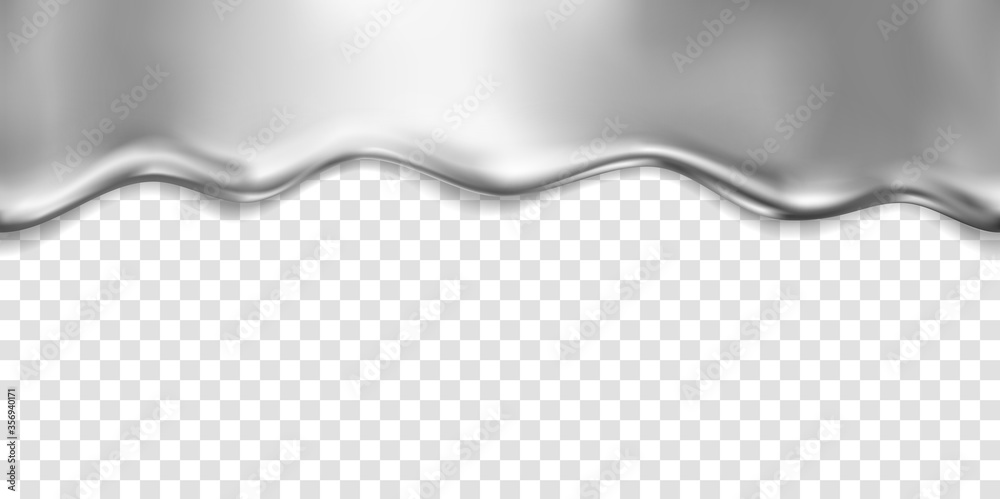 Silver foil drip pattern isolated on transparent background. Chrome, steel, metal flow texture. Vector glossy gradient liquid border template. - obrazy, fototapety, plakaty 