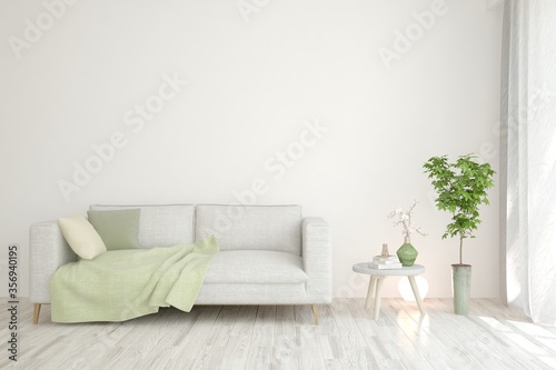 White living room with sofa. Scandinavian interior design. 3D illustration