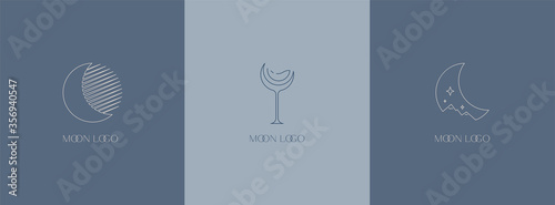 Delicate linear logos depicting the moon. Vector illustration in gentle colors of a logo for a female business. mental health and psychology, beauty, self-care, health, aculism, mysterious signs.