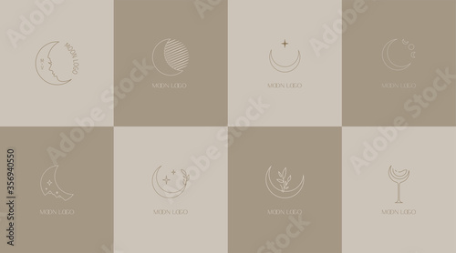 Delicate linear logos depicting the moon. Vector illustration in gentle colors of a logo for a female business. mental health and psychology, beauty, self-care, health, aculism, mysterious signs.