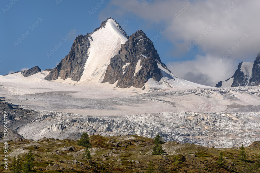 glacier mountains ice snow trees summer cloud