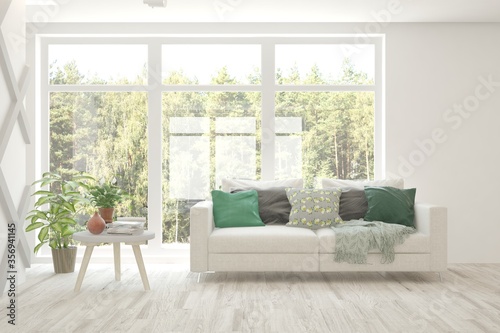 White living room with sofa and summer landscape in window. Scandinavian interior design. 3D illustration