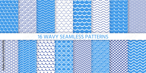 Wave seamless pattern. Vector. Blue wavy background. Set textures with stripes, tides and rollers. Sea geometric prints. Marine, nautical design. Simple modern illustration.