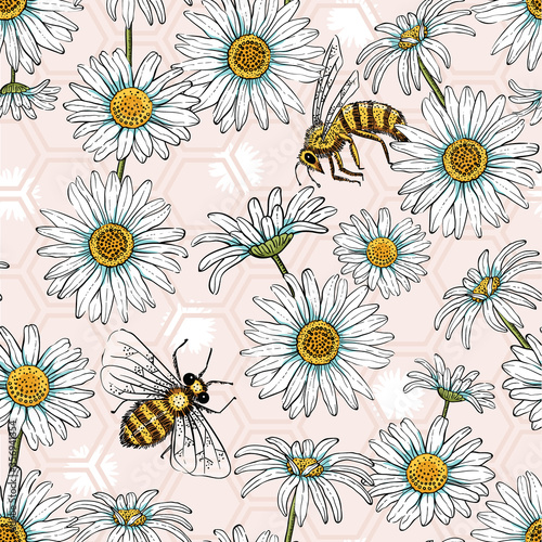 Pretty Daisy Garden with Bees Spring Summer Vector Seamless Pattern 