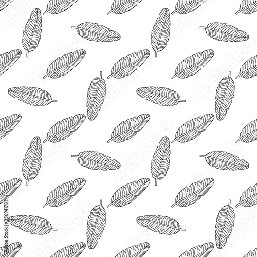Black and white seamless pattern with tropical leaves. Hand drawing flowers vector illustrarion. Floral doodle background.