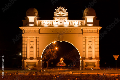 The historic Arch of Victory (built 1920) in Ballarat, Victoria, Australia, at night.