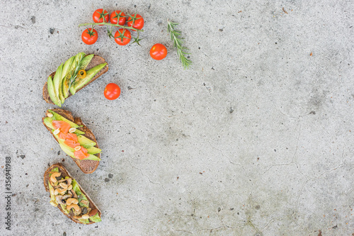 healthy fats breakfast or snack to lose weight, isolated avocado toast, top view