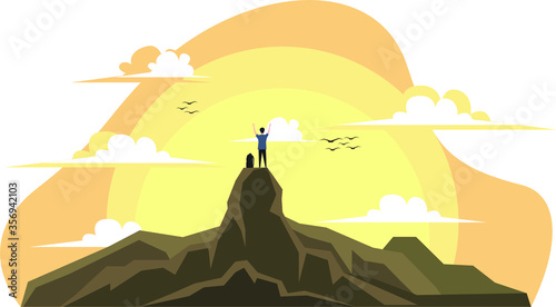 Mountain climber is climbing a mountain in evening illustration