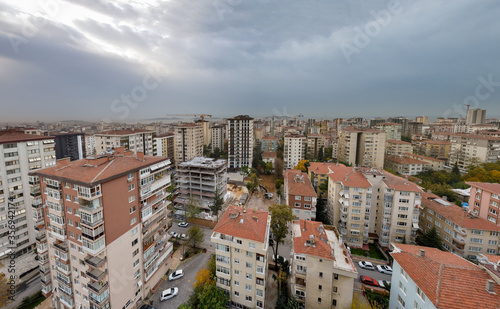 Panoramic view of Kadikoy district of Istanbul city on a dark gray cloudy day