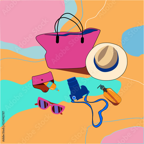 Summer vacation beauty set. Women's handbag,sunglasses,straw hat,suntan oil and sunscreen, camera.Preparing and dreaming about summer holidays and travelling  trendy vector illustration