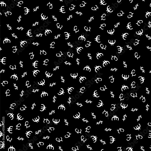 Vector illustration. Seamless pattern of handdrawn currency signs dollar euro pound on a black background.