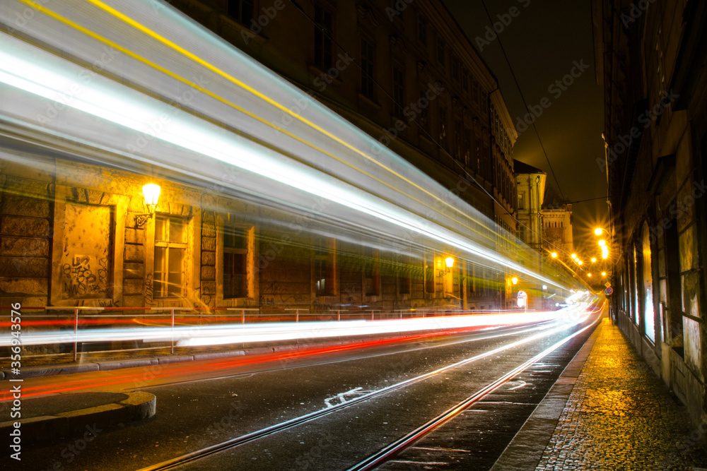 Traffic in motion in the city of Prague at night
