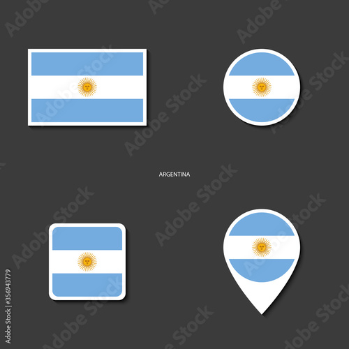 Argentina flag icon set in different shape (rectangle, circle, square and marker icon) on dark grey background. Argentina sticker flag collection on barely dark background.