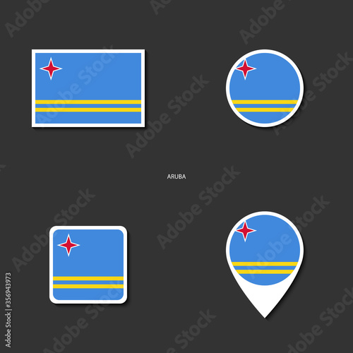 Aruba flag icon set in different shape (rectangle, circle, square and marker icon) on dark grey background. Aruba sticker flag collection on barely dark background.