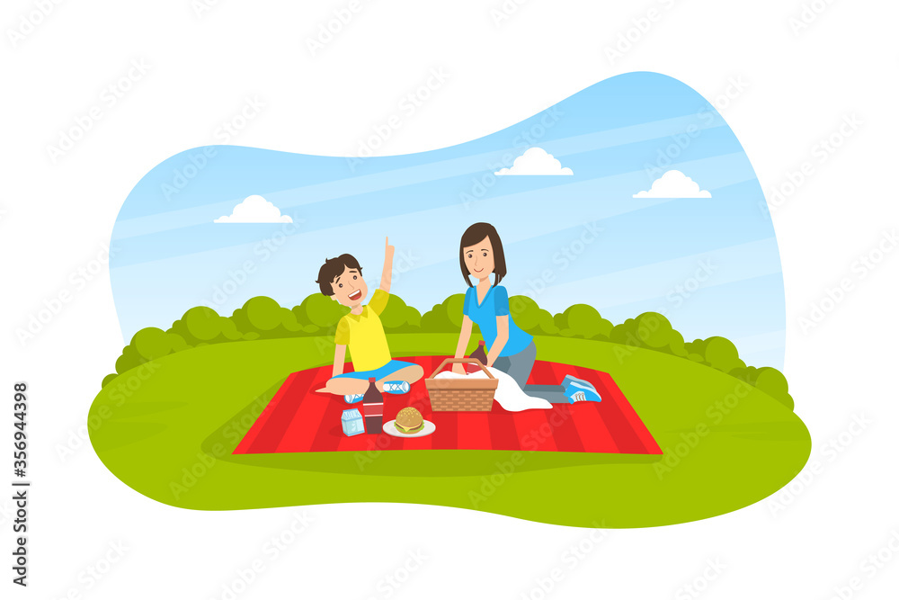 Loving Mother and Her Song Eating and Relaxing on Nature, Happy Family Having Picnic Outdoors Vector Illustration
