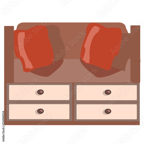 Modern daybed with four drawers and two pillows on a white background. Isolated vector illustration in a flat style. Retro-style. Furniture for apartments and offices. For interior design.