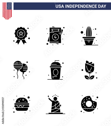 Set of 9 USA Day Icons American Symbols Independence Day Signs for cole; american; cactus; fly; bloon photo