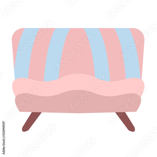 Modern pink daybed with blue stripes on a white background. Isolated vector illustration in a flat style. Retro-style. Furniture for apartments and offices. For interior design.