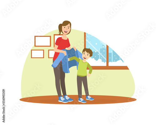Mother Helping Her Son to Get Dressed, Loving Mom and Her Child in Everyday Life at Home Vector Illustration