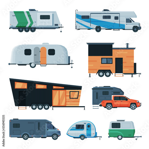 Travel Trailers Collection, Modern Mobile Homes for Summer Trip, Family Tourism and Vacation Flat Vector Illustration