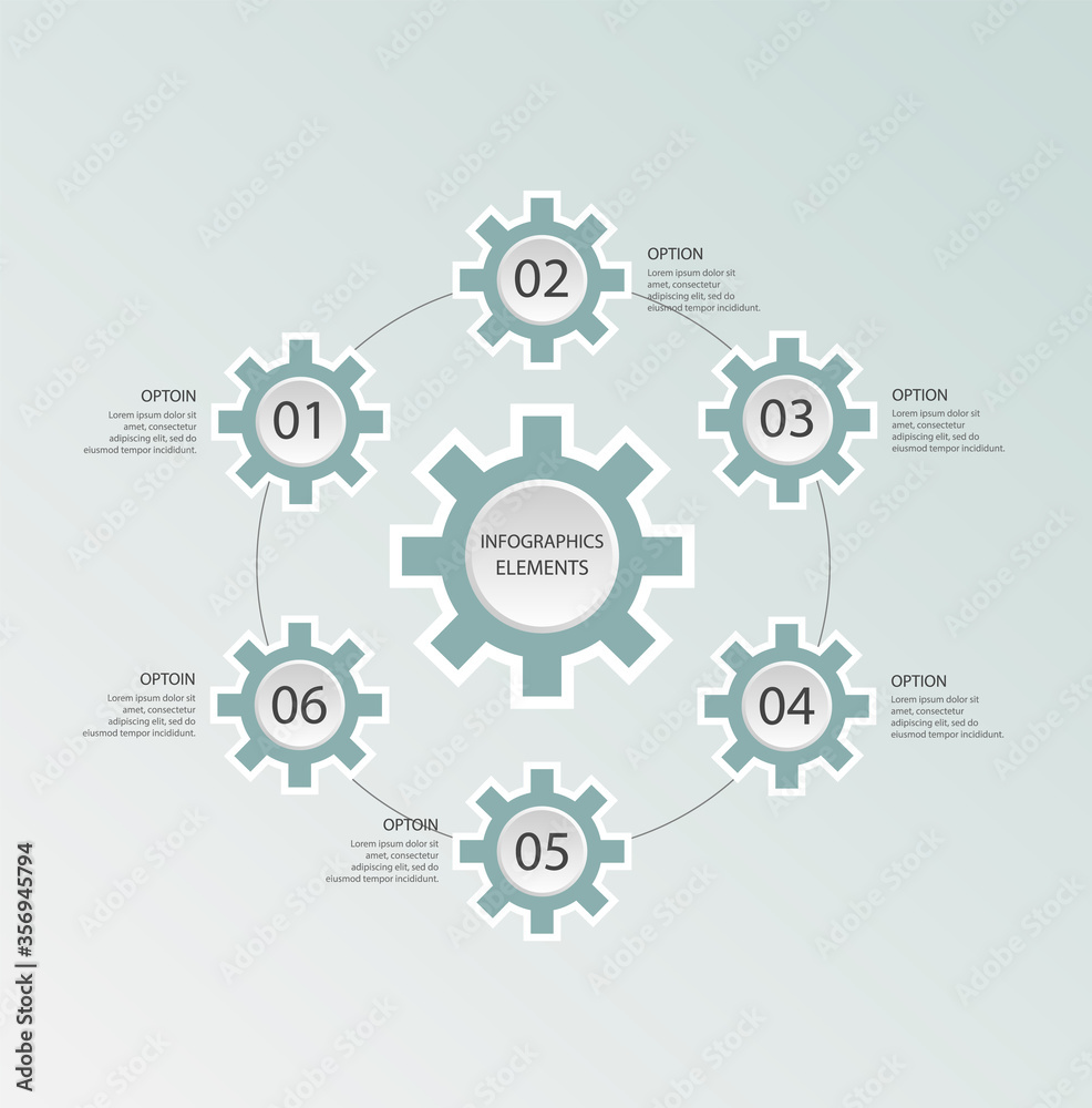 Abstract 3D infographic template with a six steps for success. Gear diagram. Business circle template with options for brochure