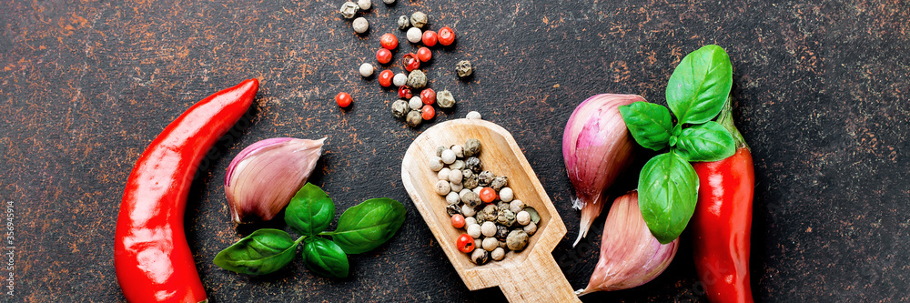 Food Banner Background for website. Red pepper, garlic, basil leaves,  pepper corns on dark stone concrete table background. Top view Stock Photo  | Adobe Stock