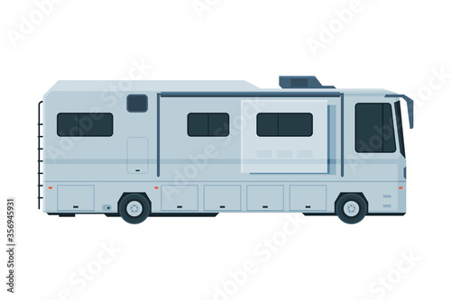 Modern Camping RV Trailer, Mobile Home for Summer Trip, Family Tourism and Vacation Flat Vector Illustration