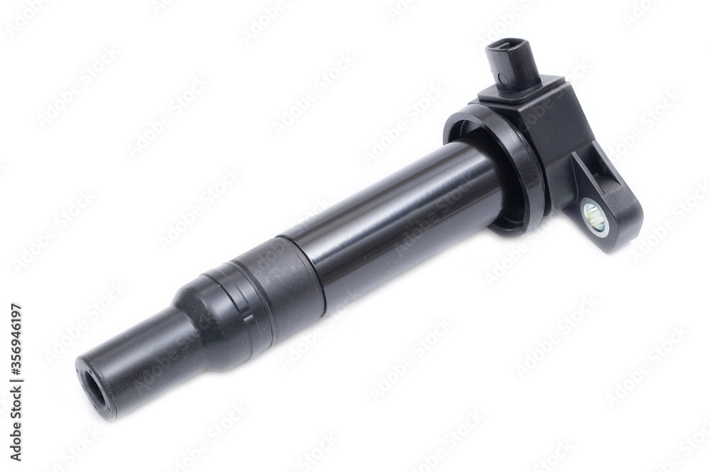 Black ignition coil for engine, isolated on white background Black ignition coil for engine, isolated on white background