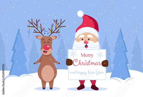 Merry Christmas and Happy New Year background. Santa and deer. Vector © Helenshi